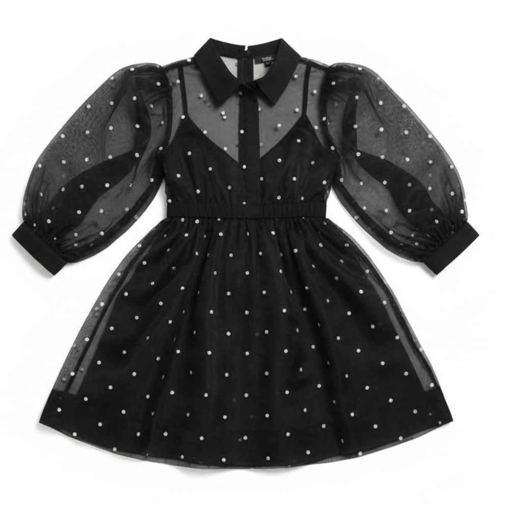 Anthropologie Black Sheer Puff-Sleeve Mini Dress with White Polka Dots
